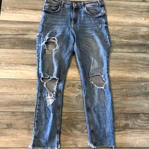 Zara medium wash distressed boyfriend jeans